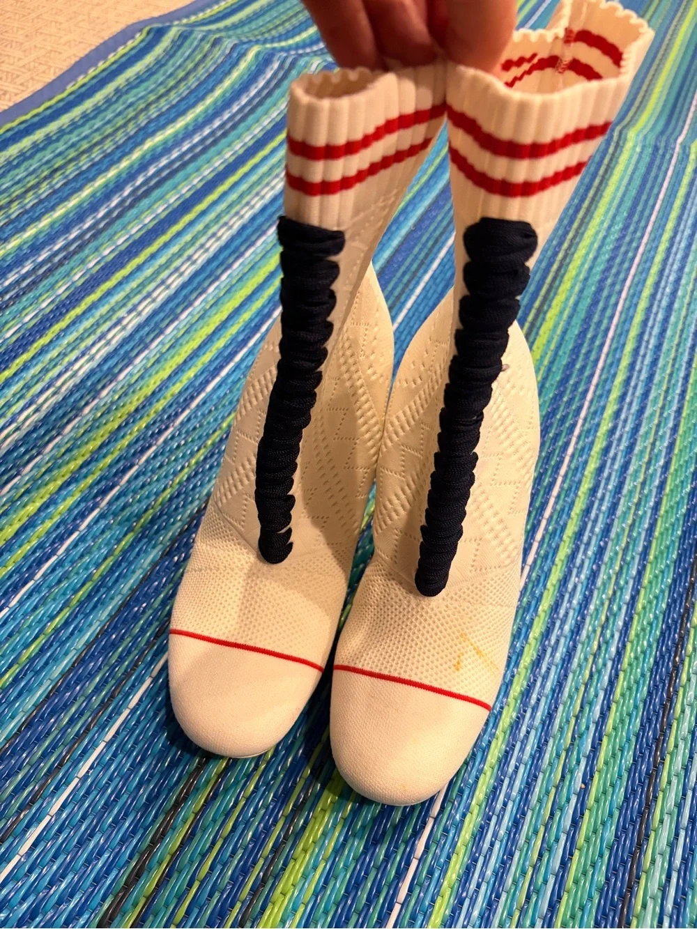 Fendi Cream Knit Sock Boot with Red Stripe and Navy Accents